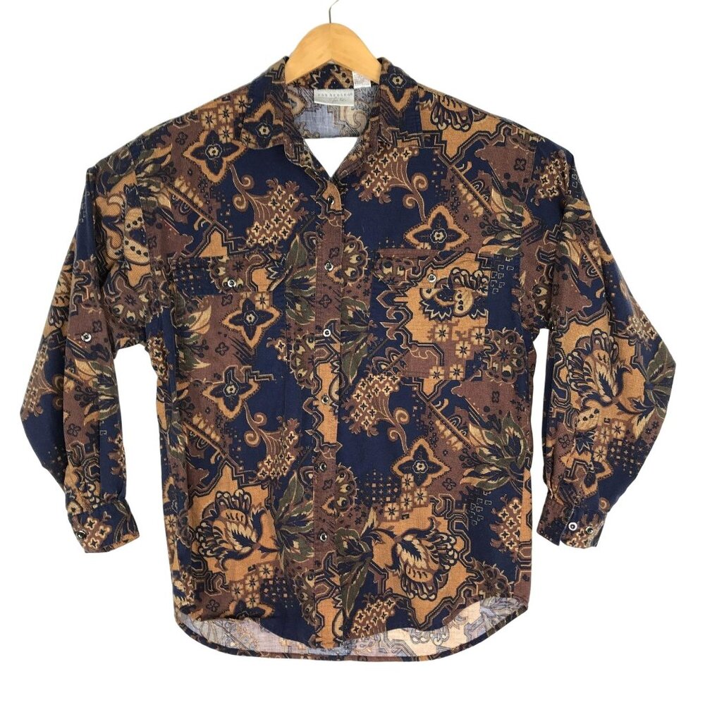 Vtg Van Heusen Button Front Blouse Long Sleeve Womens L Brown Blue Retro Print